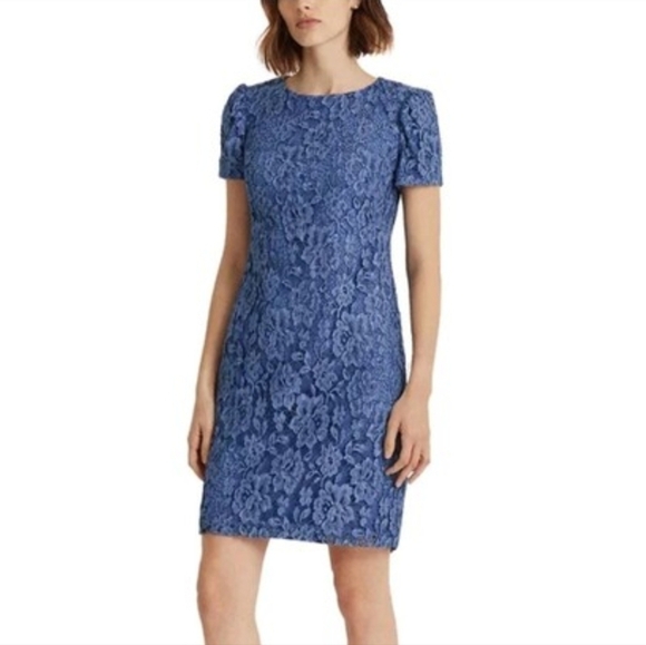 RALPH LAUREN Metallic Blue Lace Sheath Cocktail Dress - Size 18 - Picture 3 of 17